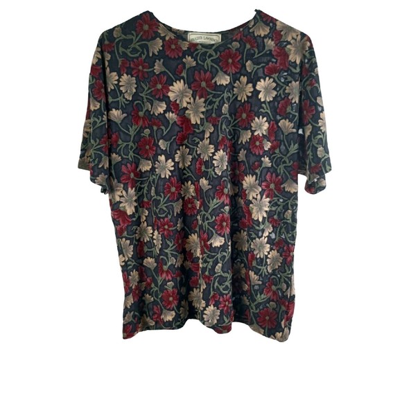 Women’s FRAZIER LAWRENCE Top Sheer  Stretchy Black/Plum Floral Short Sleeve 3X - Picture 1 of 11
